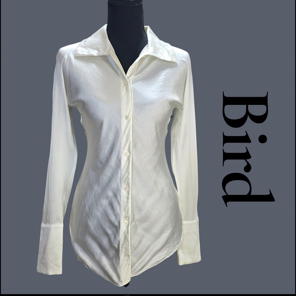 Bird by Juicy Couture Blouse Womens XS Ivory Silk Blend Button Down Luxury Chic